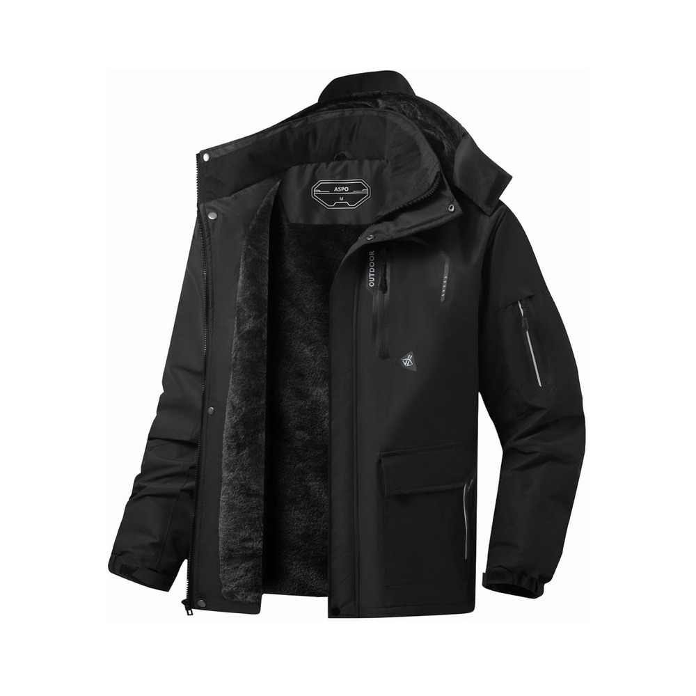 ASPO Mens Black Waterproof Winter‎ Jacket Fleece Lined Hooded Ski Coat Small NEW